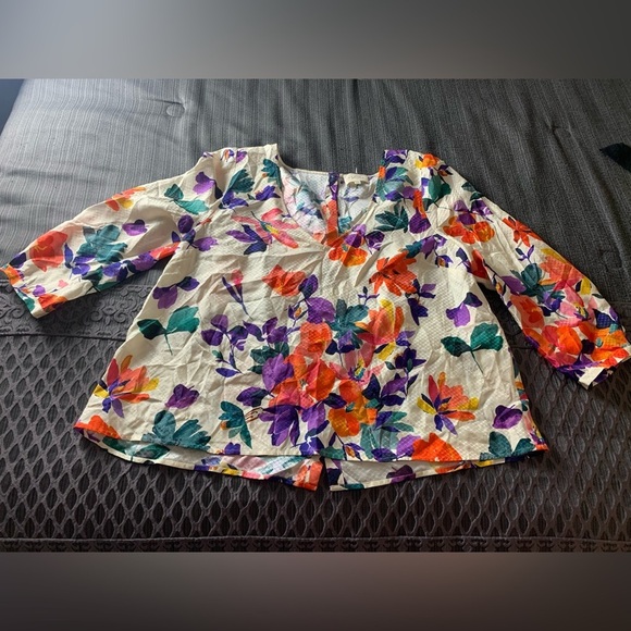 Sezan Silk Catalina Blouse Top V-neck Floral Orange Blue Purple White Large 46 - Picture 7 of 14